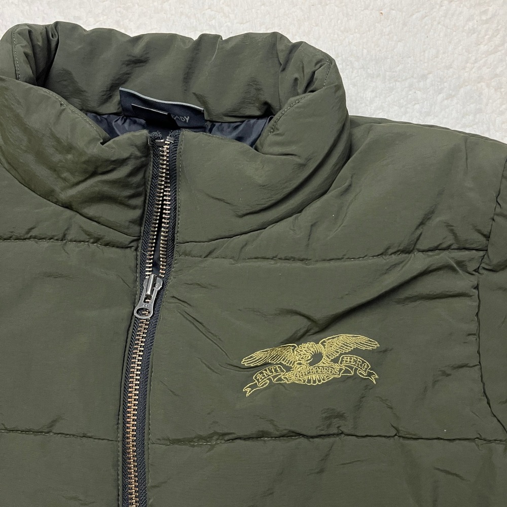 Anti Hero Puffer Jacket Mens XL Green Stay Ready Eagle Logo Quilted Skate Coat